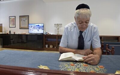 Ebrahim Nonoo, the head of the Jewish Community in Bahrain, prays on the sabbath at the House of Ten Commandments Synagogue in the capital Manama on September 4, 2021.(Mazen Mahdi / AFP)