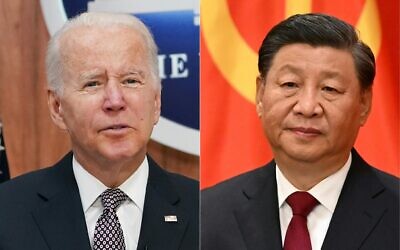 File: US President Joe Biden (left) as he addresses the Major Economies Forum on Energy and Climate from the South Court Auditorium of the Eisenhower Executive Office Building, next to the White House, in Washington, DC, on June 17, 2022; China's President Xi Jinping as he speaks after walking with members of the Chinese Communist Party's new Politburo Standing Committee, the nation's top decision-making body, to meet the media in the Great Hall of the People in Beijing on October 23, 2022. (MANDEL NGAN and Noel CELIS/AFP)