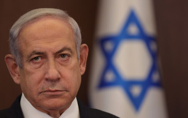 Prime Minister Benjamin Netanyahu attends the weekly cabinet meeting in his office in Jerusalem, on June 25, 2023. (ABIR SULTAN / POOL / AFP)