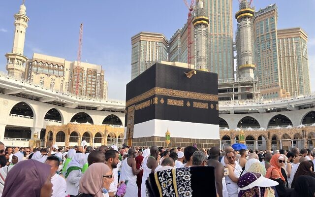 Muslim worshipers and pilgrims gather around the Kaaba, Islam's holiest shrine, at the Grand Mosque in the holy city of Mecca on June 24, 2023, as they arrive for the annual Hajj pilgrimage. (Sajjad Hussain/AFP)
