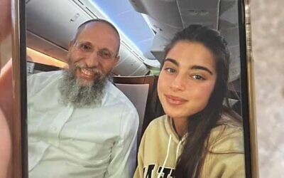 A viral selfie taken by popstar Noa Kirel (right) with Rabbi Yosef Tzvi Rimon on a flight to Tel Aviv in May, 2023. (WhatsApp screenshot: used in accordance with Clause 27a of the Copyright Law)