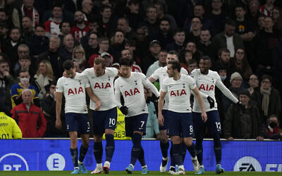 Tottenham's players celebrate a goal during the English Premier League soccer match against Southampton at the Tottenham Hotspur Stadium in London, Feb. 9, 2022. (Alastair Grant/AP)