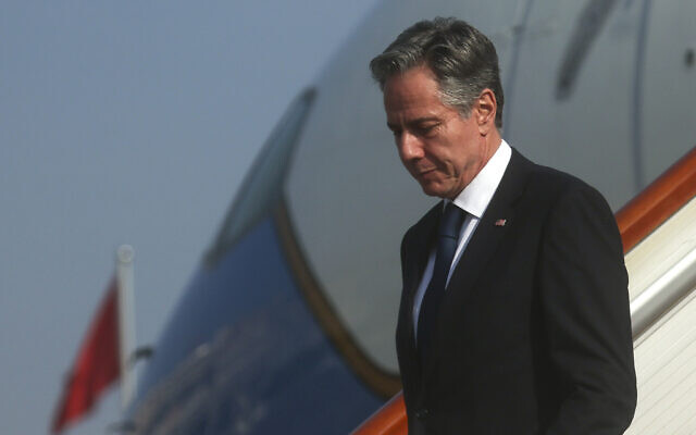 US Secretary of State Antony Blinken arrives in Beijing, Sunday, June 18, 2023. (Leah Millis/Pool Photo via AP)