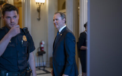 Rep. Adam Schiff, D-Calif., center, stands outside the chamber after the Republican-controlled House voted along party lines to censure him, at the Capitol in Washington, Wednesday, June 21, 2023. (AP Photo/J. Scott Applewhite)