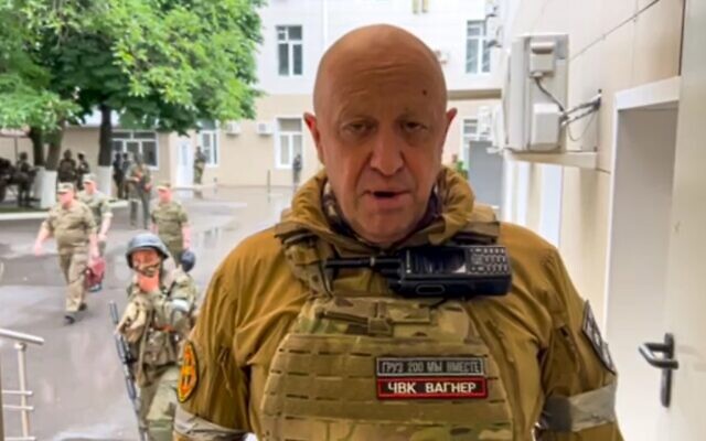 In this handout photo taken from video released by Prigozhin Press Service, Yevgeny Prigozhin, the owner of the Wagner Group military company, records his video addresses in Rostov-on-Don, Russia, Saturday, June 24, 2023.  (Prigozhin Press Service via AP)