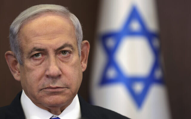 Prime Minister Benjamin Netanyahu attends the weekly cabinet meeting in the Prime Minister's Office in Jerusalem, June 25, 2023.(Abir Sultan/Pool Photo via AP)