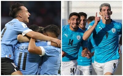 (L) Uruguay's players celebrate their side's opening goal against United States scored by teammate Anderson Duarte during a FIFA U-20 World Cup quarterfinal soccer match at the Madre de Ciudades stadium in Santiago del Estero, Argentina on June 4, 2023. (R) Israel's Dor Turgeman, right, celebrates with teammates after scoring his side's third goal during the extra time of a FIFA U-20 World Cup quarterfinal soccer match against Brazil at the Bicentenario stadium in San Juan, Argentina on June 3, 2023. (AP Photo/Nicolas Aguilera, Ricardo Mazalan)
