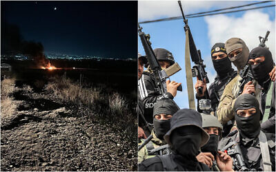Right: Masked Palestinian gunmen gather during a funeral for those killed in an Israeli army raid in the West Bank city of Jenin, March 8, 2023. Left: The scene of an Israeli drone strike on a vehicle near Jenin on June 21, 2023 (JAAFAR ASHTIYEH / AFP; (Social media: Used in accordance with Clause 27a of the Copyright Law)