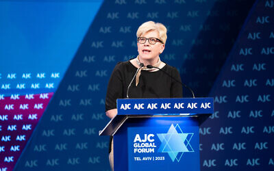Lithuanian Prime Minister Ingrida Šimonytė's speaks at the American Jewish Committee's Global Forum event in Tel Aviv, Israel on June 11, 2023. (Courtesy of AJC)
