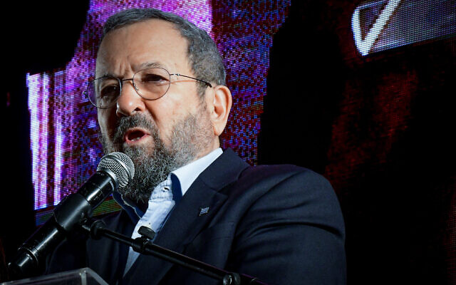 Former prime minister Ehud Barak speaks at a protest in Tel Aviv against the government's planned judicial overhaul, February 25, 2023. (Tomer Neuberg/ Flash90)