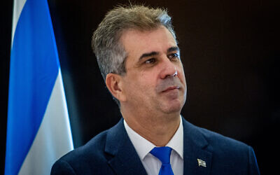 Foreign Minister Eli Cohen attends an event at the Foreign Ministry  in Jerusalem, May 17, 2023. (Oren Ben Hakoon/Flash90)