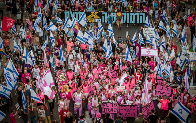 Israel attend a protest against the planned judicial overhaul, in Tel Aviv, on June 24, 2023. (Avshalom Sassoni/Flash90)