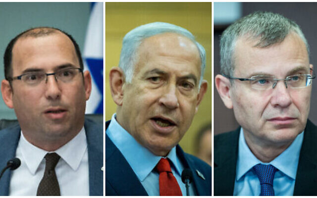 (L) MK Simcha Rotman at the Knesset on June 20, 2023 (Oren Ben Hakoon/Flash90) () Prime Minister Benjamin Netanyahu  at the Knesset on May 15, 2023. (Yonatan Sindel/Flash90) and (R) Justice Minister Yariv Levin at a cabinet in Jerusalem on May 28, 2023 (Yonatan Sindel/Flash90)