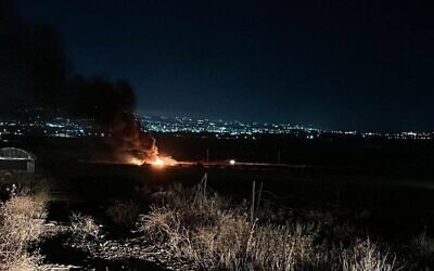 The scene of an Israeli drone strike on a vehicle near the West Bank city of Jenin on June 21, 2023 (Social media: Used in accordance with Clause 27a of the Copyright Law)