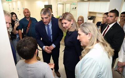 Ukrainian First Lady Olena Zelenska (second from right) and First Lady Michal Herzog (right) tour the Sheba Medical Center in Ramat Gan on June 19, 2023. (Courtesy)